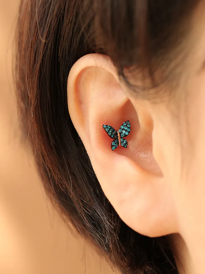 Earrings MinimalBijoux 14K gold Bling Blue Butterfly cartilage earring 20g