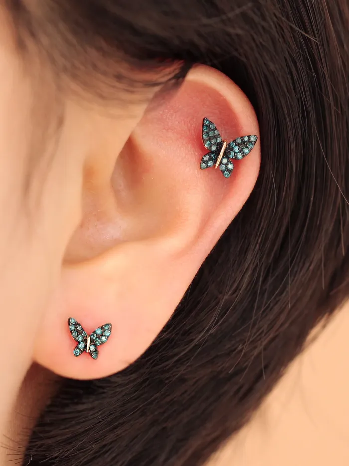 Earrings MinimalBijoux 14K gold Bling Blue Butterfly cartilage earring 20g
