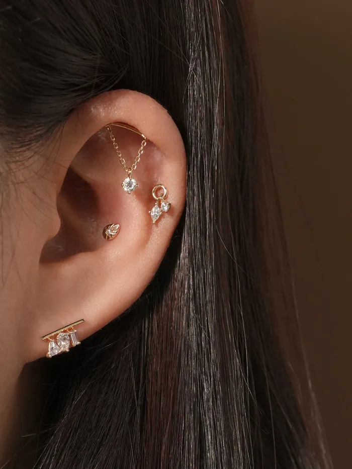 Earrings MinimalBijoux 14K Gold Twin Cubic Drop Cartilage Earring 20G18G16G