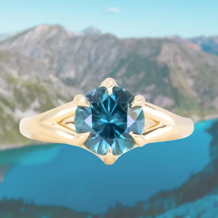 Lewis Clark Sapphires PreStyled Sets 193ct Ocean Blue Teal Montana Sapphire Low Profile Six Prong Split Shank Solitaire in 18k Yellow Gold Lewis Clark Sapphires PreStyled Sets 193ct Ocean Blue Teal Montana Sapphire Low Profile Six Prong Split Shank Solitaire in 18k Yellow Gold