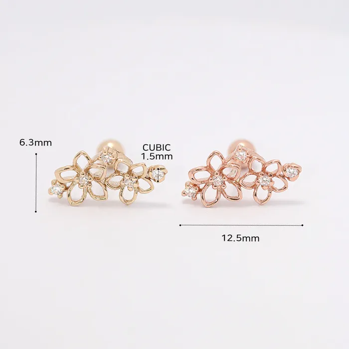 MinimalBijoux 14K Gold Twin Flower Cartilage Earring 20G18G16G Earrings