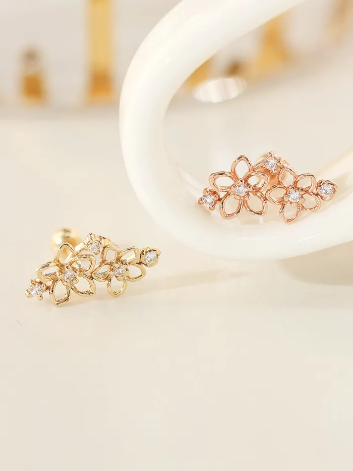 MinimalBijoux 14K Gold Twin Flower Cartilage Earring 20G18G16G Earrings