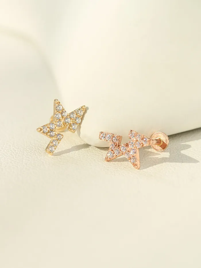 MinimalBijoux Earrings 14K Gold Unbalanced Star Cubic Internally Threaded Labret Piercing 18G16G