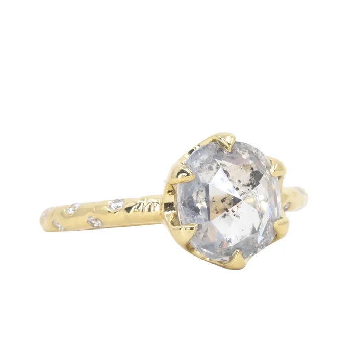 Misfit Diamonds 263ct Rosecut Salt and Pepper Diamond and Scattered Embedded Diamond Evergreen Low Profile Antique Style Ring in 18k Yellow Gold Rings