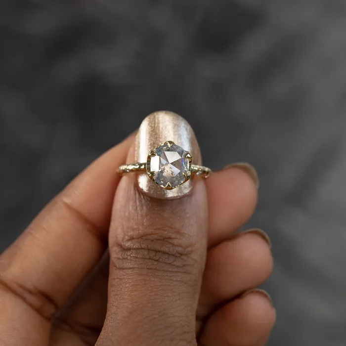 Misfit Diamonds 263ct Rosecut Salt and Pepper Diamond and Scattered Embedded Diamond Evergreen Low Profile Antique Style Ring in 18k Yellow Gold Rings