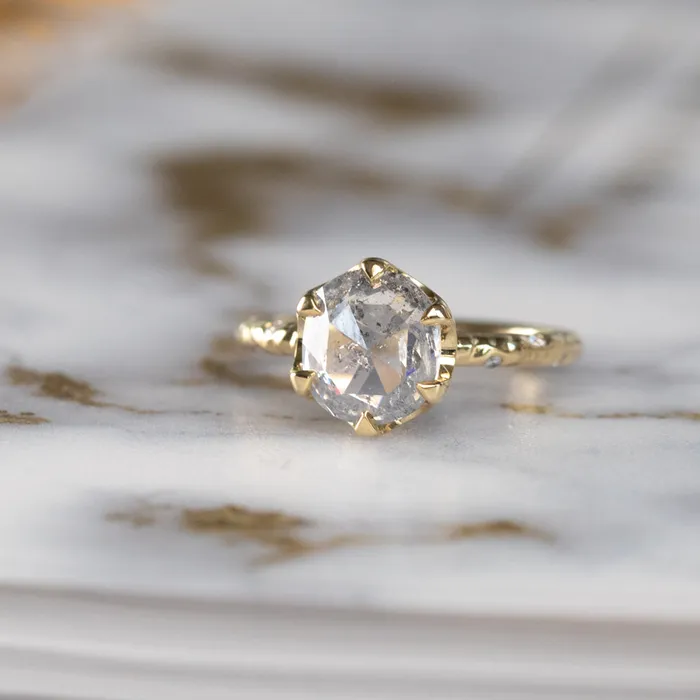Misfit Diamonds 263ct Rosecut Salt and Pepper Diamond and Scattered Embedded Diamond Evergreen Low Profile Antique Style Ring in 18k Yellow Gold Rings