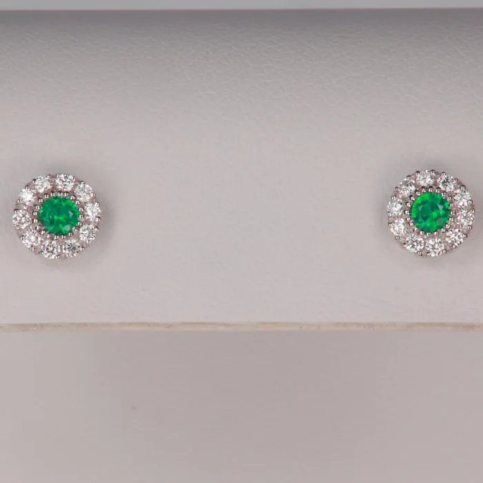 Moriartys Gem Art Earrings 14K White Gold Emerald With Diamond Halo Stud Earrings 18 Carats Moriartys Gem Art Earrings 14K White Gold Emerald With Diamond Halo Stud Earrings 18 Carats