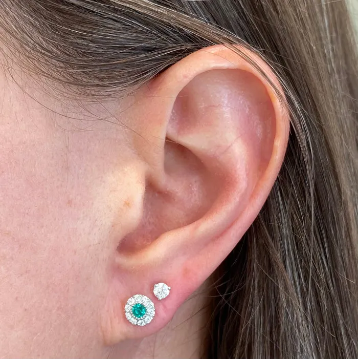 Moriartys Gem Art Earrings 14K White Gold Emerald With Diamond Halo Stud Earrings 18 Carats