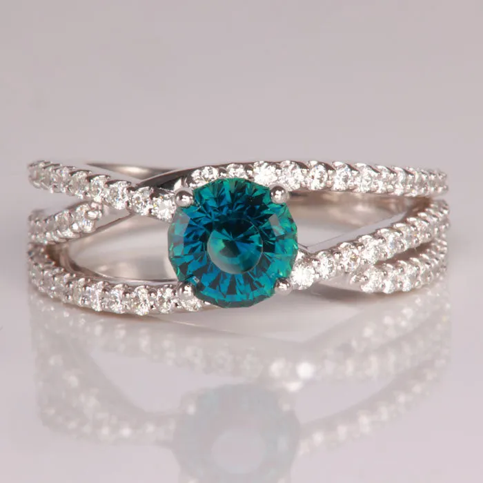 Moriartys Gem Art Rings 14K White Gold Round Step Montana Sapphire and Diamond Ring 200 Carats