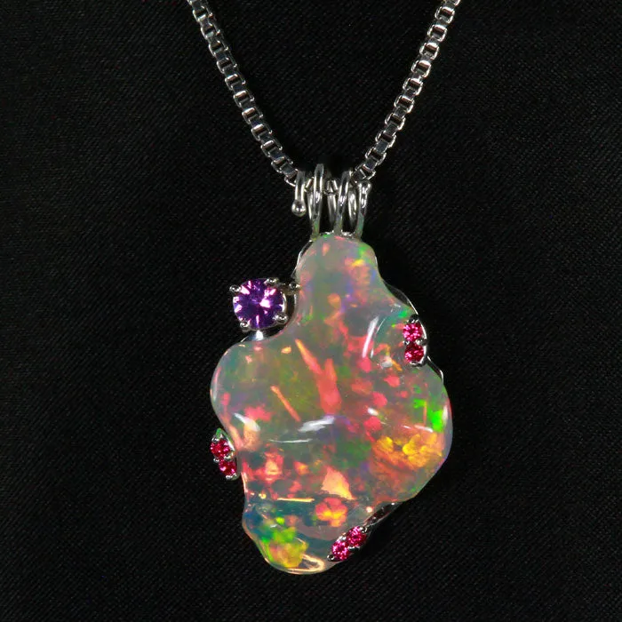 Necklaces 14k White Gold Freeform Cabochon Opal and Pink Sapphire Pendant Moriartys Gem Art Necklaces 14k White Gold Freeform Cabochon Opal and Pink Sapphire Pendant Moriartys Gem Art
