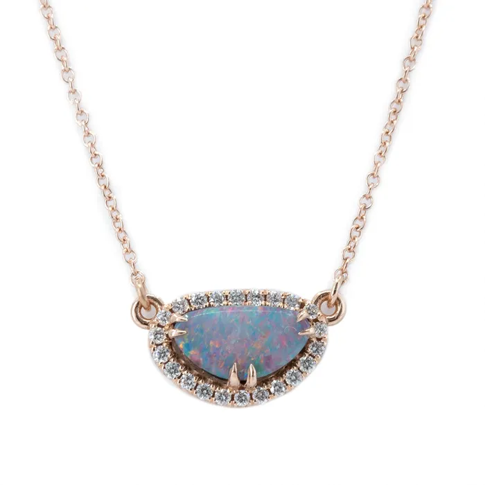 Opal and Diamond Halo Necklace in 14k Rose Gold 930x510mm Anueva Jewelry Necklaces Opal and Diamond Halo Necklace in 14k Rose Gold 930x510mm Anueva Jewelry Necklaces