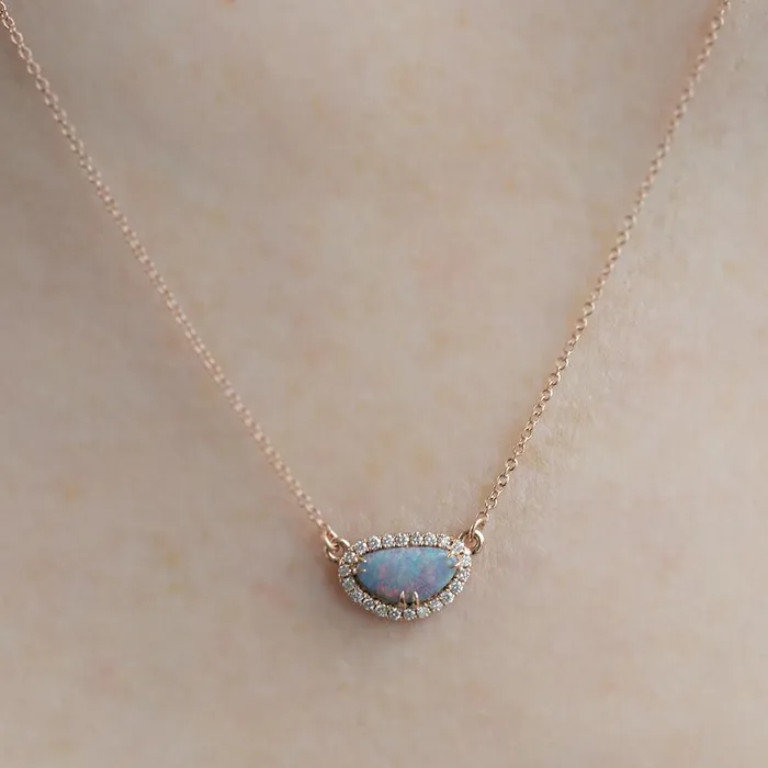 Opal and Diamond Halo Necklace in 14k Rose Gold 930x510mm Anueva Jewelry Necklaces