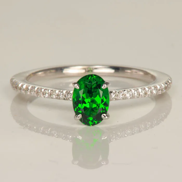Rings 14K White Gold Oval Tsavorite Garnet Ring with Diamond Shank 90 cts Moriartys Gem Art Rings 14K White Gold Oval Tsavorite Garnet Ring with Diamond Shank 90 cts Moriartys Gem Art