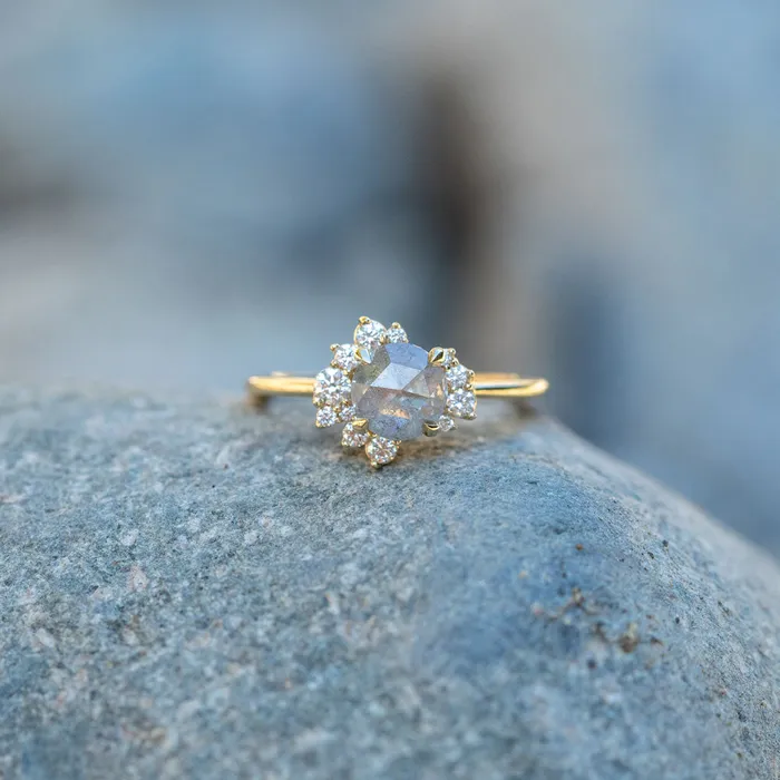 Rings Anueva Jewelry 092ct Light Grey Rosecut Diamond Asymmetrical Cluster Ring In 14k Yellow Gold