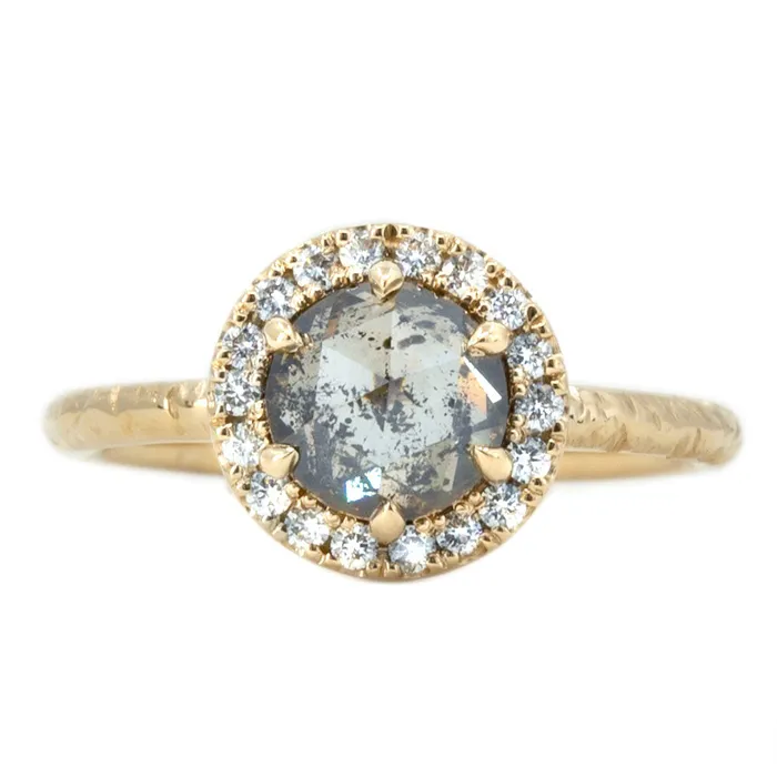 Rings Anueva Jewelry 131ct Champagne Rosecut Salt and Pepper Diamond Ring in Low Profile Halo in 14k Yellow Gold Rings Anueva Jewelry 131ct Champagne Rosecut Salt and Pepper Diamond Ring in Low Profile Halo in 14k Yellow Gold