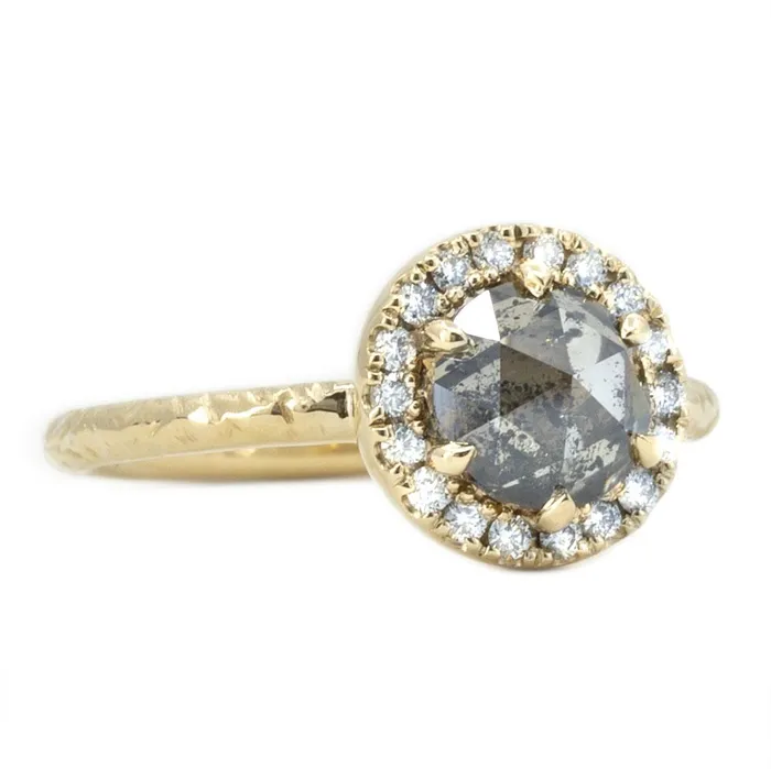 Rings Anueva Jewelry 131ct Champagne Rosecut Salt and Pepper Diamond Ring in Low Profile Halo in 14k Yellow Gold