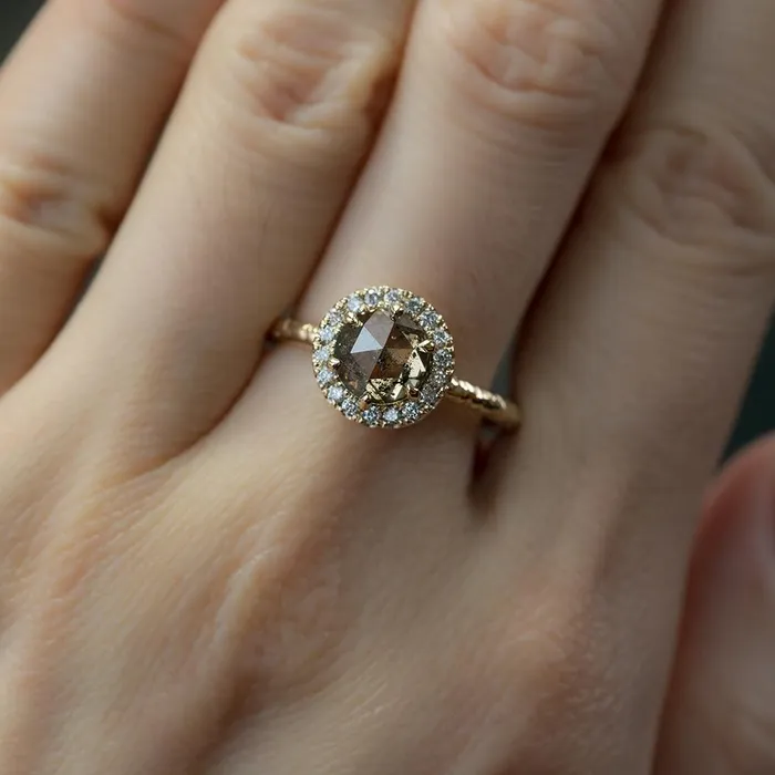 Rings Anueva Jewelry 131ct Champagne Rosecut Salt and Pepper Diamond Ring in Low Profile Halo in 14k Yellow Gold