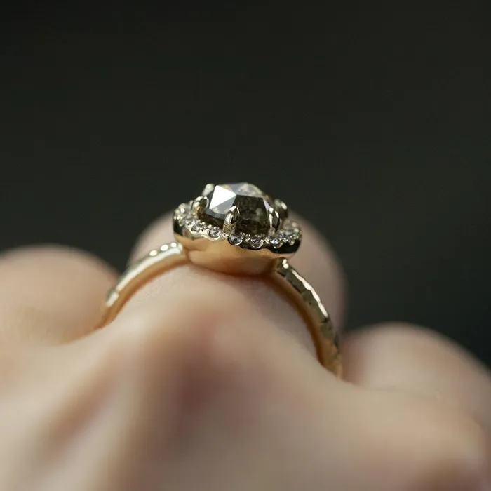 Rings Anueva Jewelry 131ct Champagne Rosecut Salt and Pepper Diamond Ring in Low Profile Halo in 14k Yellow Gold