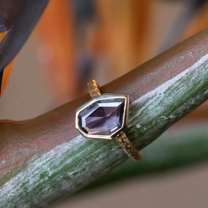 Rings Discovery Gems 139ct Geo Slice Purple Sapphire Evergreen Low Profile Bezel Solitaire Ring in 14k Yellow Gold