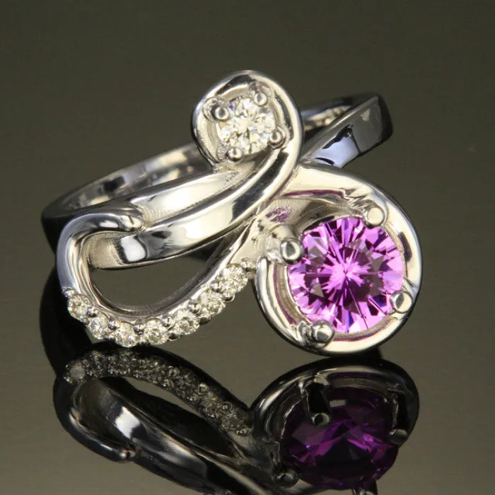 Rings vendorunknown 14K White Gold Round Pink Sapphire Ring with Diamonds Rings vendorunknown 14K White Gold Round Pink Sapphire Ring with Diamonds