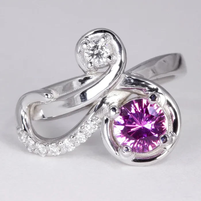 Rings vendorunknown 14K White Gold Round Pink Sapphire Ring with Diamonds