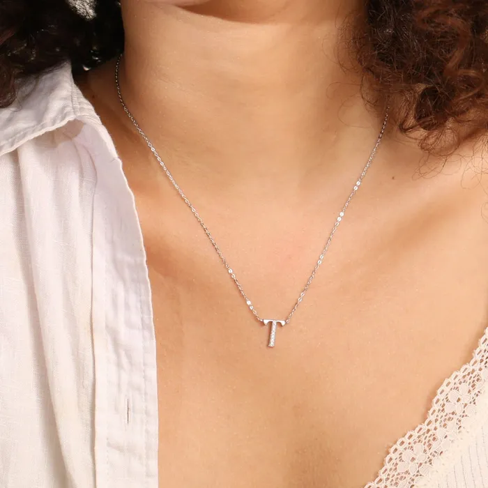 Alphabet AZ Charms CZ WhiteGold Plated Silver Necklace SILVER Necklaces
