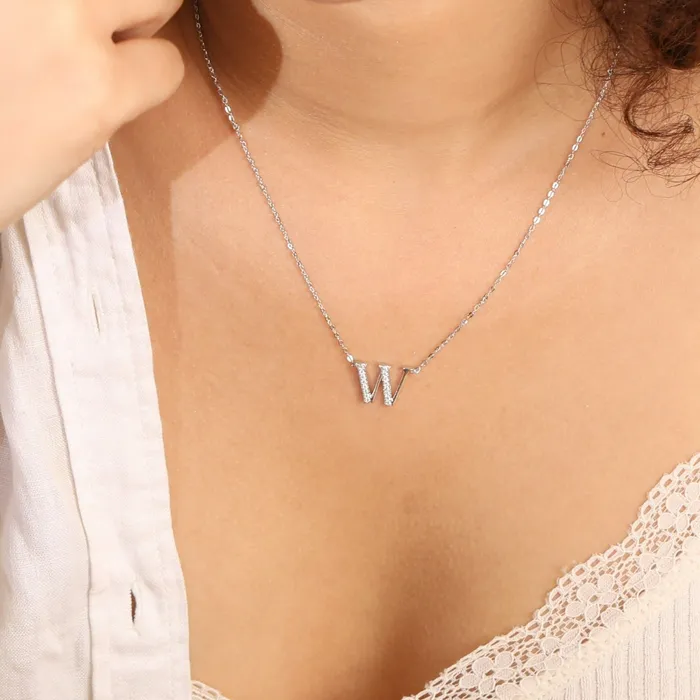 Alphabet AZ Charms CZ WhiteGold Plated Silver Necklace SILVER Necklaces