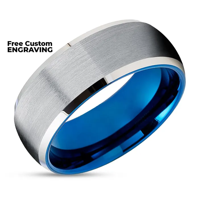 Blue Wedding Ring Blue Tungsten Ring 8mm Wedding Ring Silver Wedding Ring Tungsten Band Clean Casting Jewelry Rings