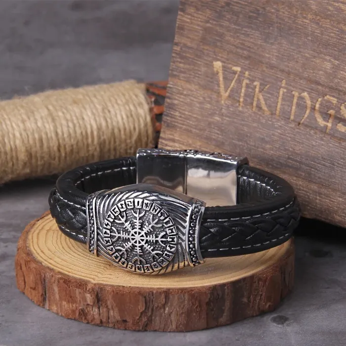 Bracelets Valhalla Vikings Viking Leather Bracelet Aegishjalmur Runes