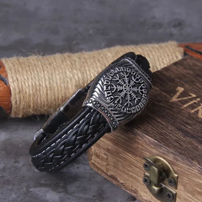 Bracelets Valhalla Vikings Viking Leather Bracelet Aegishjalmur Runes