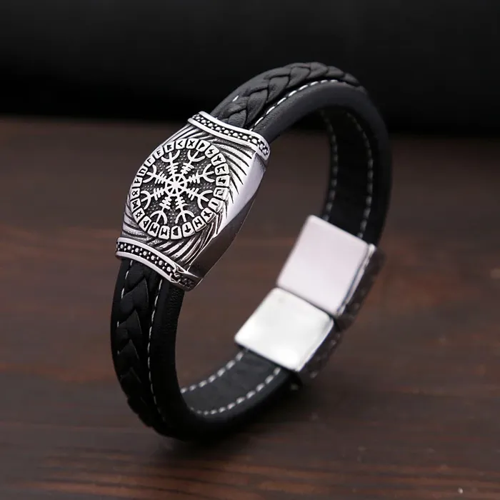 Bracelets Valhalla Vikings Viking Leather Bracelet Aegishjalmur Runes