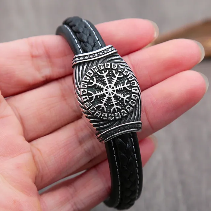 Bracelets Valhalla Vikings Viking Leather Bracelet Aegishjalmur Runes