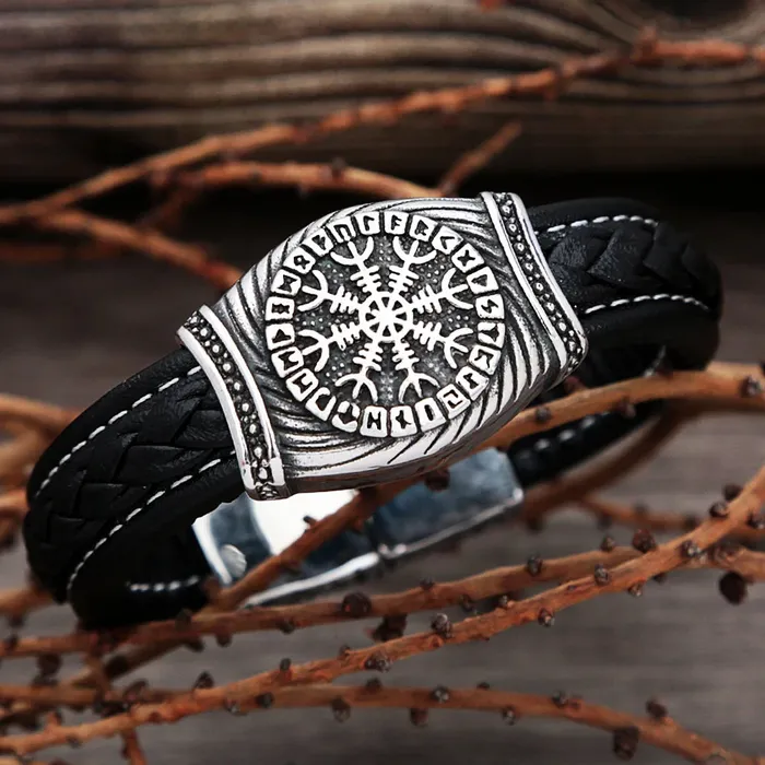 Bracelets Valhalla Vikings Viking Leather Bracelet Aegishjalmur Runes