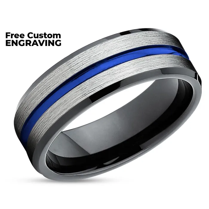 Clean Casting Jewelry Rings Blue Wedding Band Black Wedding Ring Silver Tungsten Ring Wedding Band