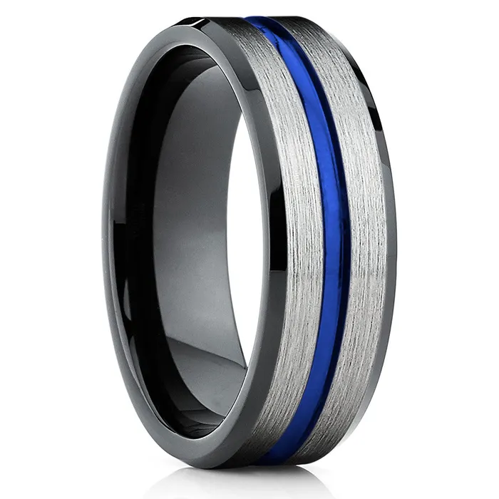 Clean Casting Jewelry Rings Blue Wedding Band Black Wedding Ring Silver Tungsten Ring Wedding Band
