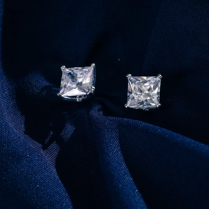 Earrings SILVER Classic Princess Cut CZ Solitaire Silver Stud Earrings Medium
