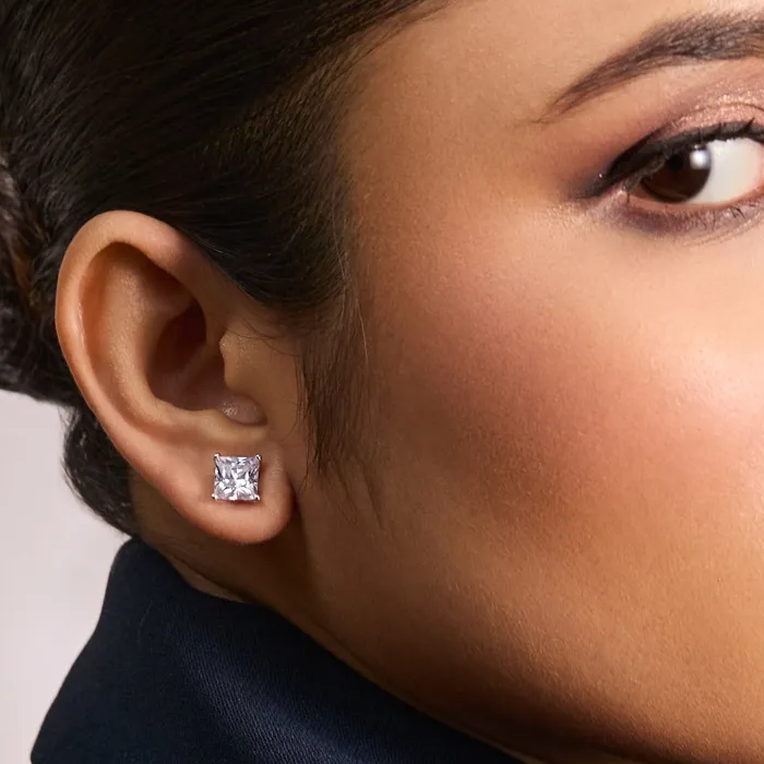 Earrings SILVER Classic Princess Cut CZ Solitaire Silver Stud Earrings Medium