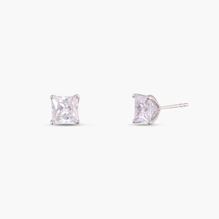 Earrings SILVER Classic Princess Cut CZ Solitaire Silver Stud Earrings Medium
