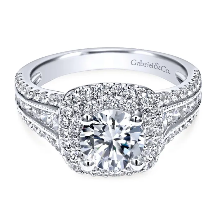 International Diamond Center Gabriel Bridal Collection White Gold Diamond Milgrain and Channel Setting Double Halo Engagement Ring 1 ctw Rings International Diamond Center Gabriel Bridal Collection White Gold Diamond Milgrain and Channel Setting Double Halo Engagement Ring 1 ctw Rings