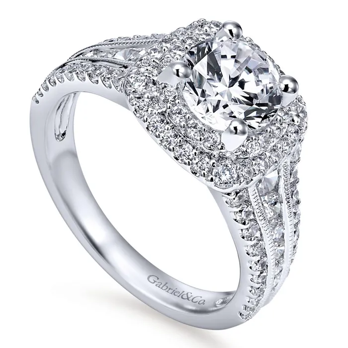 International Diamond Center Gabriel Bridal Collection White Gold Diamond Milgrain and Channel Setting Double Halo Engagement Ring 1 ctw Rings International Diamond Center Gabriel Bridal Collection White Gold Diamond Milgrain and Channel Setting Double Halo Engagement Ring 1 ctw Rings