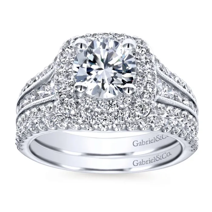 International Diamond Center Gabriel Bridal Collection White Gold Diamond Milgrain and Channel Setting Double Halo Engagement Ring 1 ctw Rings International Diamond Center Gabriel Bridal Collection White Gold Diamond Milgrain and Channel Setting Double Halo Engagement Ring 1 ctw Rings