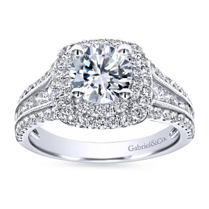 International Diamond Center Gabriel Bridal Collection White Gold Diamond Milgrain and Channel Setting Double Halo Engagement Ring 1 ctw Rings International Diamond Center Gabriel Bridal Collection White Gold Diamond Milgrain and Channel Setting Double Halo Engagement Ring 1 ctw Rings