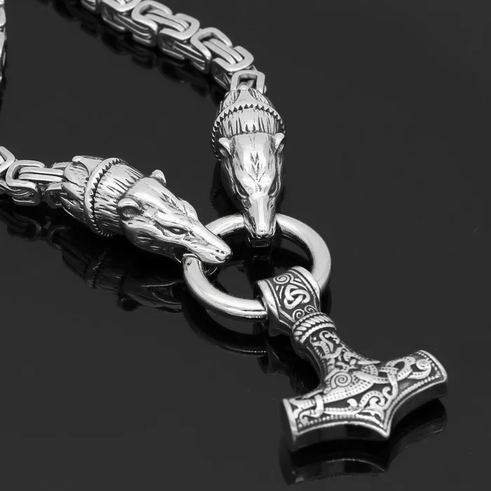 King Chain With Two Bear Heads Holding Mjolnir Pendant VikingStore Necklaces