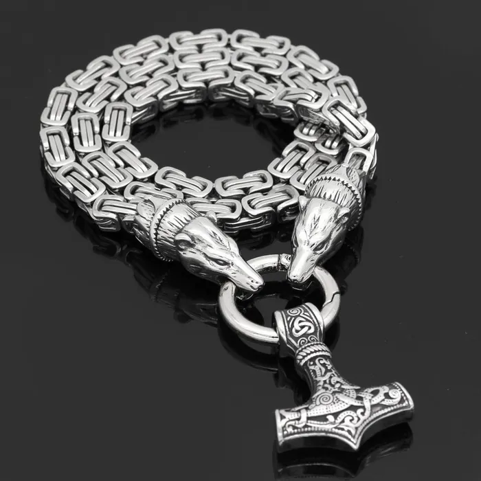 King Chain With Two Bear Heads Holding Mjolnir Pendant VikingStore Necklaces