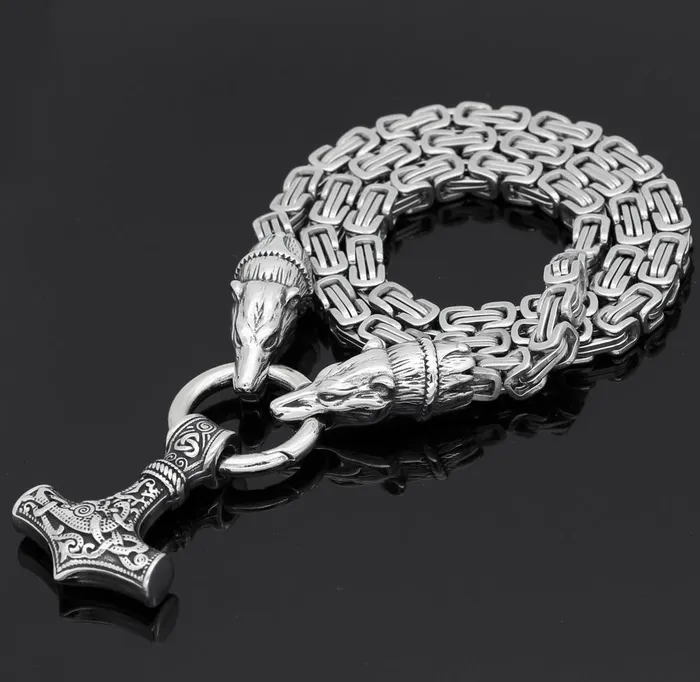 King Chain With Two Bear Heads Holding Mjolnir Pendant VikingStore Necklaces