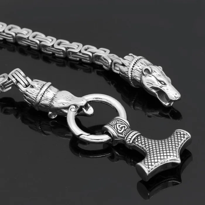 King Chain With Two Bear Heads Holding Mjolnir Pendant VikingStore Necklaces