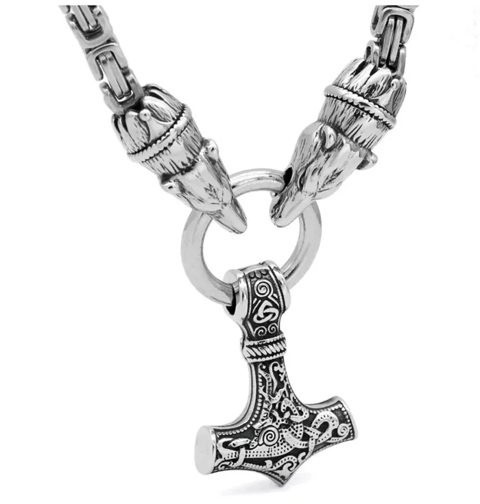 King Chain With Two Bear Heads Holding Mjolnir Pendant VikingStore Necklaces