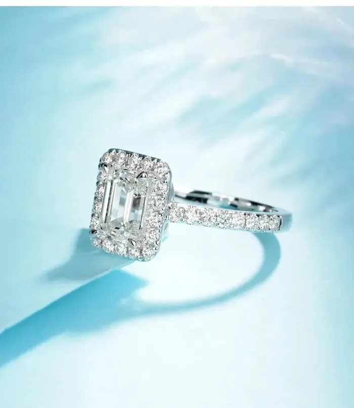 Luxus Moissanite Rings Silver or Gold Moissanite Emerald Cut Engagement Ring With Halo 1 Ct