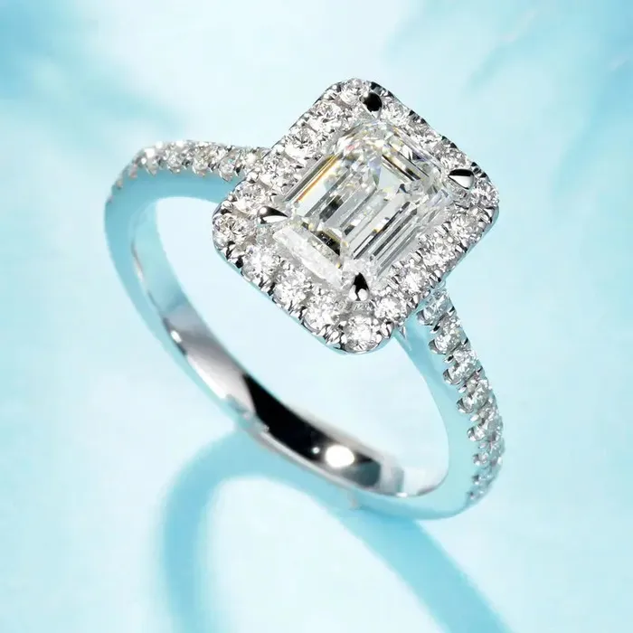 Luxus Moissanite Rings Silver or Gold Moissanite Emerald Cut Engagement Ring With Halo 1 Ct