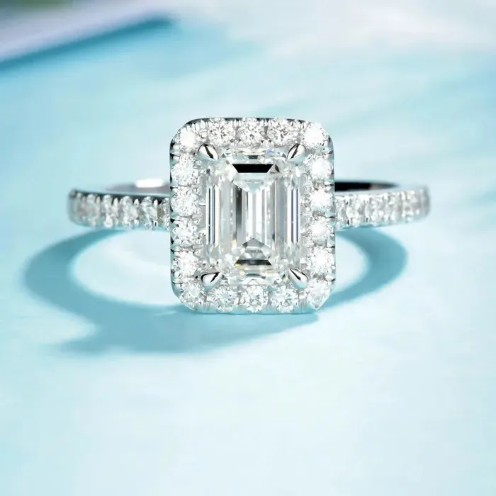 Luxus Moissanite Rings Silver or Gold Moissanite Emerald Cut Engagement Ring With Halo 1 Ct